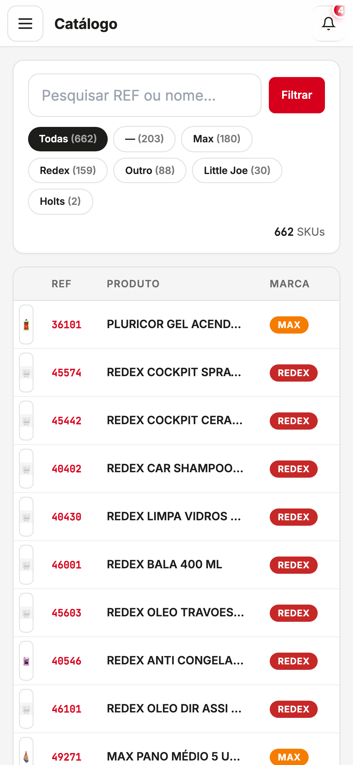 Catálogo do ERP da Plurifil num telemóvel: 662 referências pesquisáveis por marca